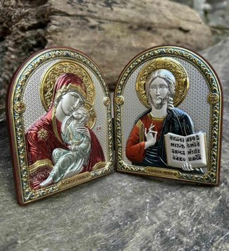 Винчальные иконы в серебряном окладе Иисус и Матерь Божия (код C749 B1500-1502) 17,5*10,5 см C749 B1500-1502 фото