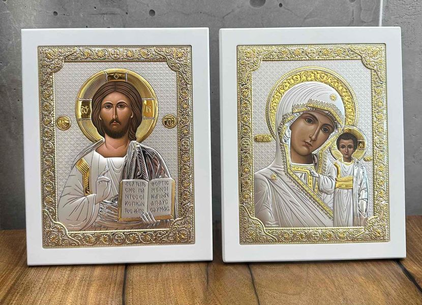 Вінчальна пара срібних ікон Спаситель та Богородиця (PR 5) 18,5x23,5 см PR 5 фото