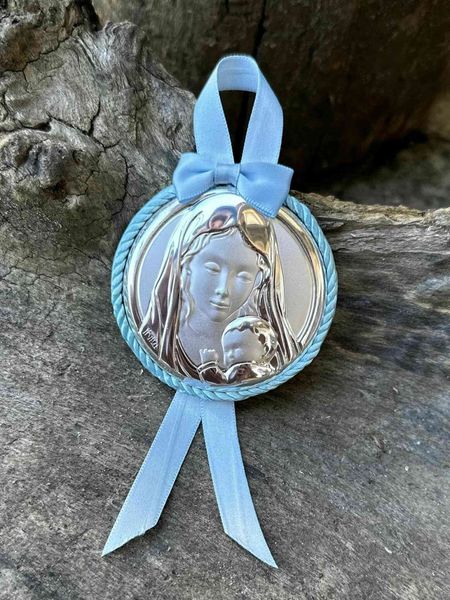 Икона серебряная детская Матерь Божья (код 444474) голубая 444474 фото