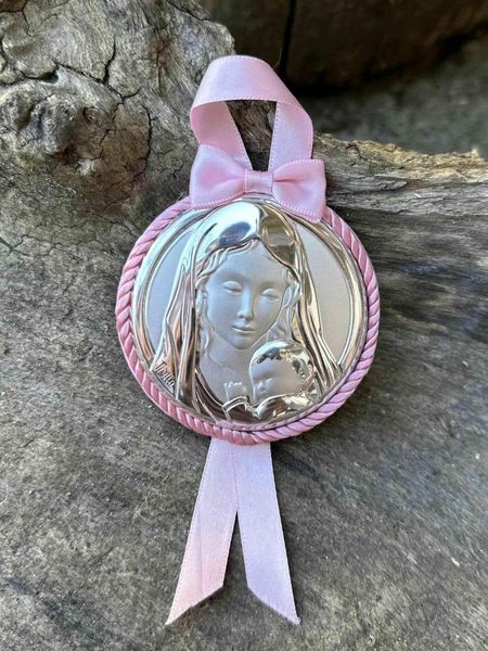 Икона серебряная детская Матерь Божья (код 444475) розовая 444475 фото