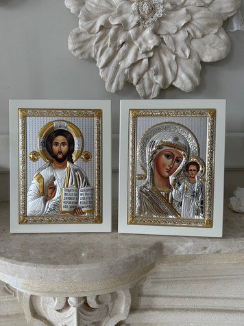 Вінчальна пара срібних ікон Спаситель та Богородиця (AE 0840 4B AE 0843 4B) 16,5X21,5 см AE 0840 4B AE 0843 4B фото