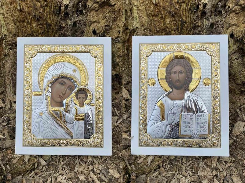 Венчальная пара серебряных икон Спаситель и Богородица (код 003) 27,5*20,6 см 003 фото