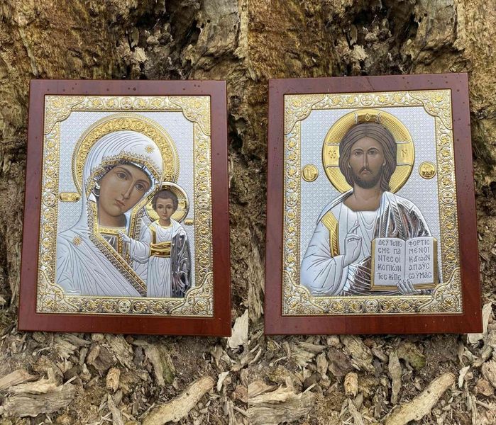 Венчальная пара серебряных икон Спаситель и Богородица (код 004) 27,5*20,6 см 004 фото