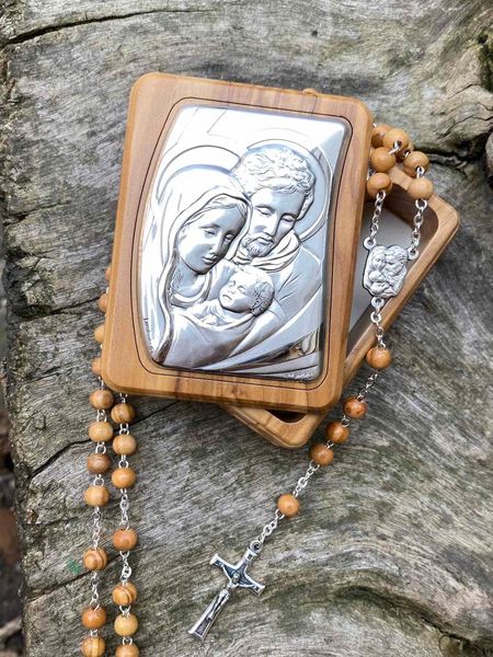 Серебряная деревянная шкатулка с веревкой Святое Семейство (код CO 116 SF) 8.5*6.5 см CO 116 SF фото
