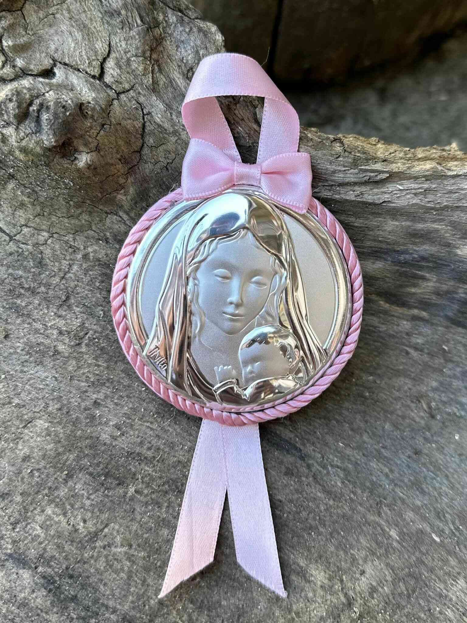 Ікона срібна дитяча Матір Божа (код 444475) рожева