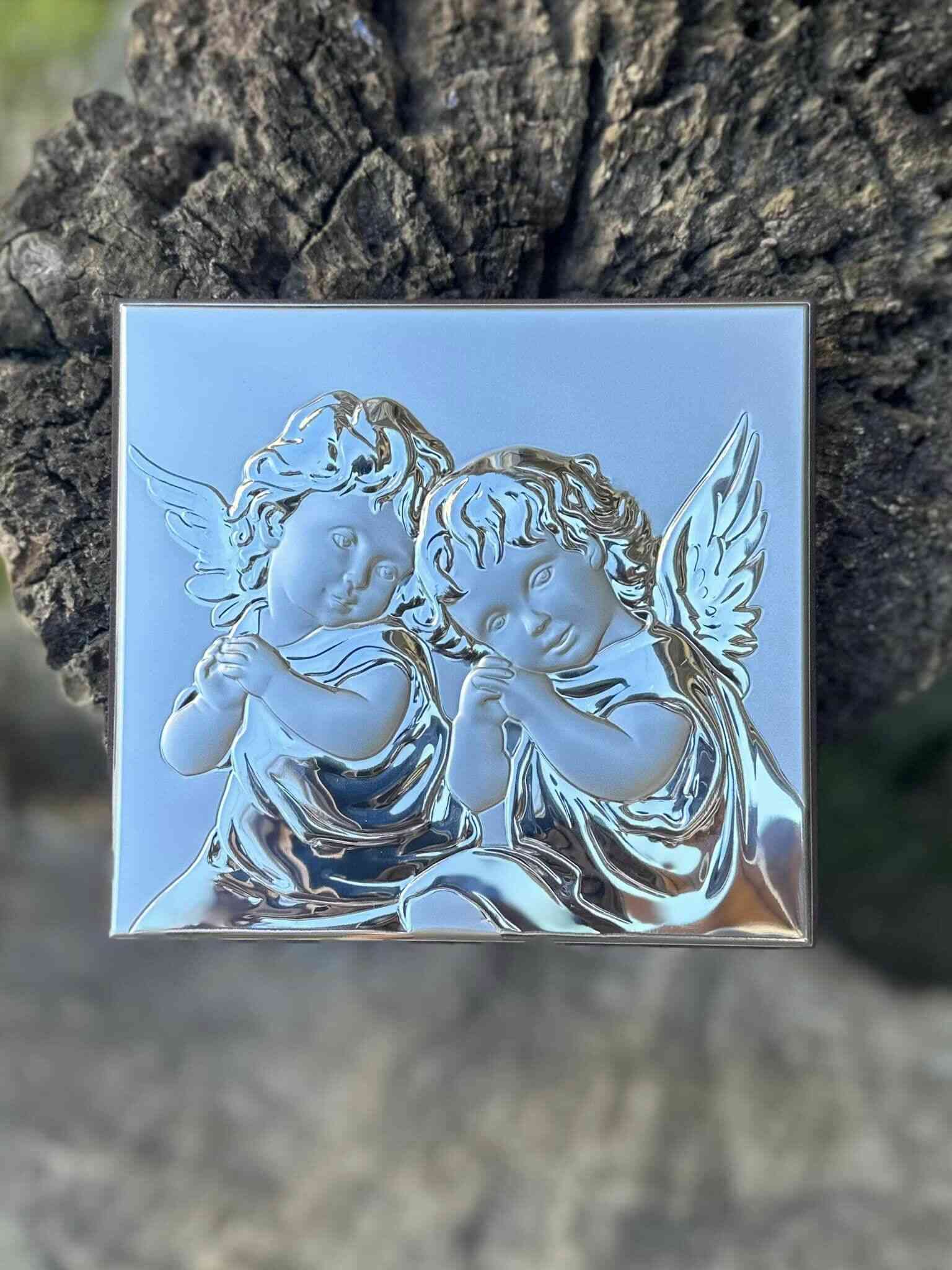 Срібна ікона Ангел Охоронець біля дитини (код 453444) 15,5*14 см