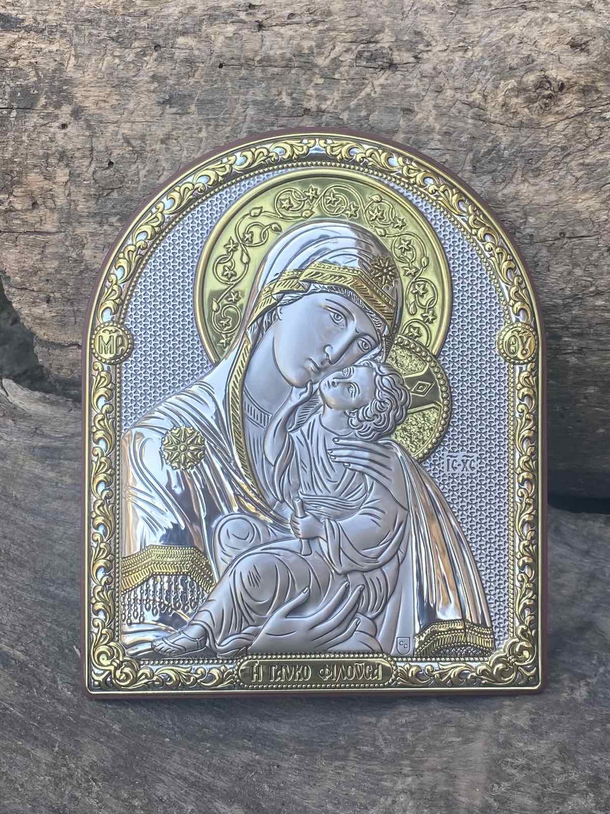 Срібна ікона Божої Матері Солодке Цілування (код C750 B1600) 14*17,5 см